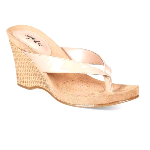 Style & Co. Shoes - Chicklet Wedge Thong Sandals, Nude,  Size 7.5